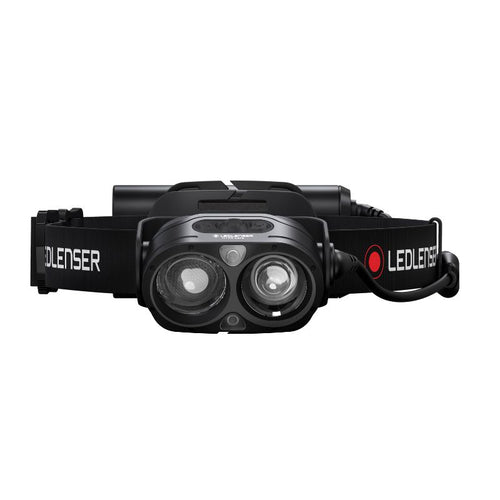 Front view of Ledlenser H19R Core rechargeable headlamp with dual light sources, red/black branded head strap and battery pack - Black