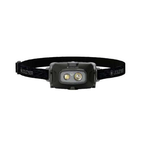 Front view of Ledlenser HF4R Core rechargeable headlamp with black/white branded head strap - Black | Ships Within New Zealand