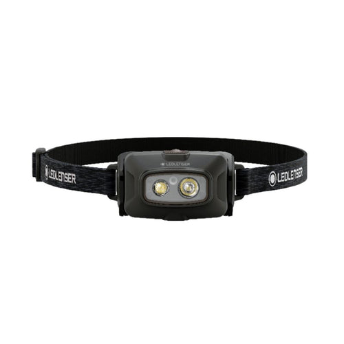 Front view of Ledlenser HF4R Signature rechargeable headlamp with black/white branded head strap - Black | Ships Within New Zealand