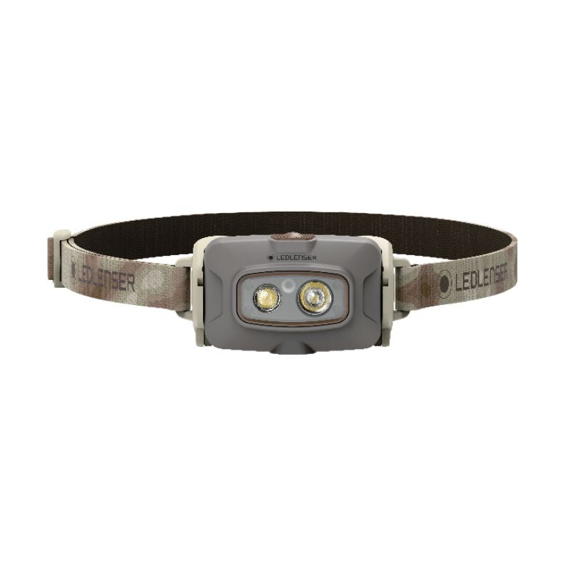 Front view of Ledlenser HF4R Signature rechargeable headlamp with camo branded head strap and lamp | LED502884
