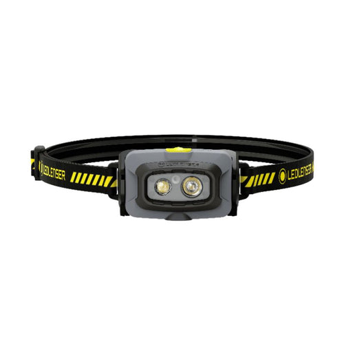 Front view of Ledlenser HF4R Work rechargeable headlamp with yellow/black branded head strap - Black | Ships Within New Zealand
