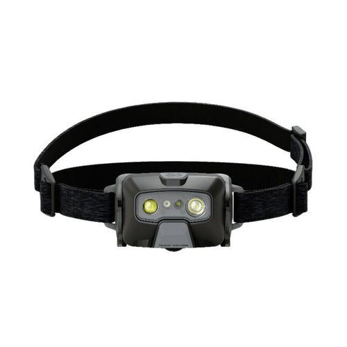 Front view of Ledlenser HF6R Core rechargeable headlamp with branded head strap - Black | Ships Within New Zealand