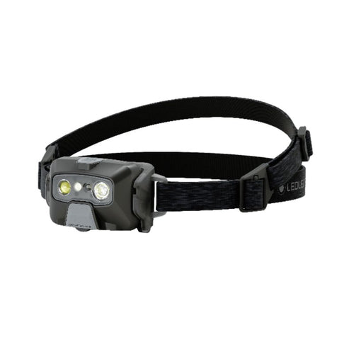 Three quarter front view of Ledlenser HF6R Core rechargeable headlamp with branded head strap - Black