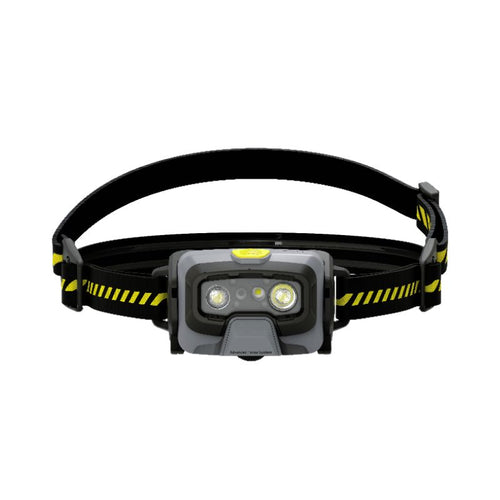 Front view of Ledlenser HF6R Work rechargeable headlamp with yellow/black branded head strap with rubberised rear - Black | Ships Within New Zealand