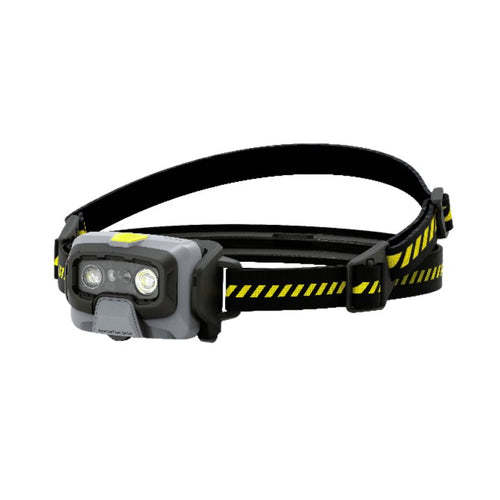 Three quarter front view of Ledlenser HF6R Work rechargeable headlamp with yellow/black branded head strap with rubberised rear  - Black