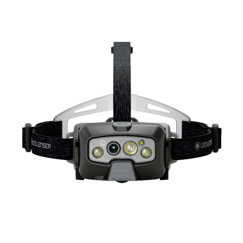 Front view of Ledlenser HF8R Core rechargeable headlamp with branded overhead head strap with silicone comfort pad at back – Black  | Ships Within New Zealand