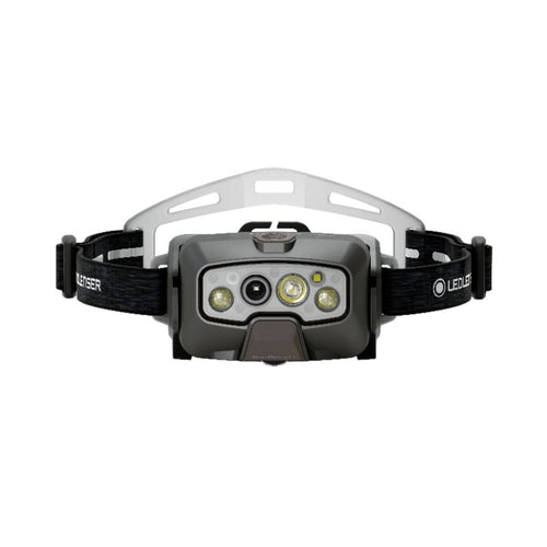 Front view of Ledlenser HF8R Signature rechargeable headlamp with branded head strap with silicone comfort pad at back – Black  