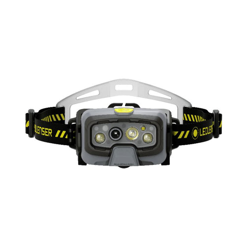 Front view of Ledlenser HF8R Work rechargeable headlamp with yellow/black branded head strap with silicone comfort pad at back – Black  | Ships Within New Zealand