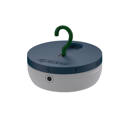 Three quarter view the Ledlenser Kidcamp lantern, round with a flat base and top. Fold out hook on top for mounting - Blue top/ Green Hook. Ships Within New Zealand | LED502753
