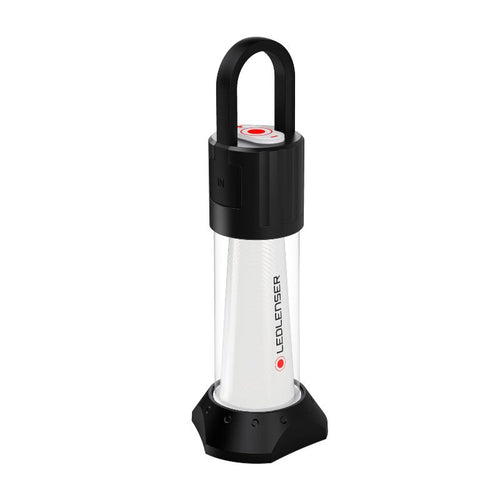 Three quarter view the Ledlenser ML6 rechargeable lantern with hanging hook on top – Black