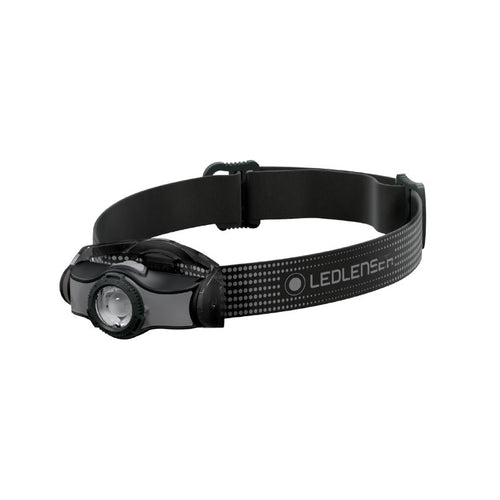 Three quarter front view of Ledlenser MH5 rechargeable headlamp with branded head strap - Black