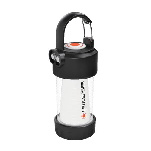 Three quarter front view the Ledlenser ML4 rechargeable lantern with carabiner snap hook on top and magnetic charger port visible at top edge - Black