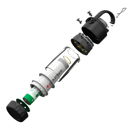 Exploded view of components of Ledlenser ML4 warm light rechargeable lantern with carabiner snap hook