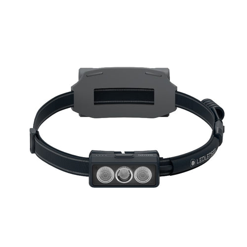 Front view the Ledlenser NEO9R rechargeable headlamp with branded headband – Black | Ships Within New Zealand